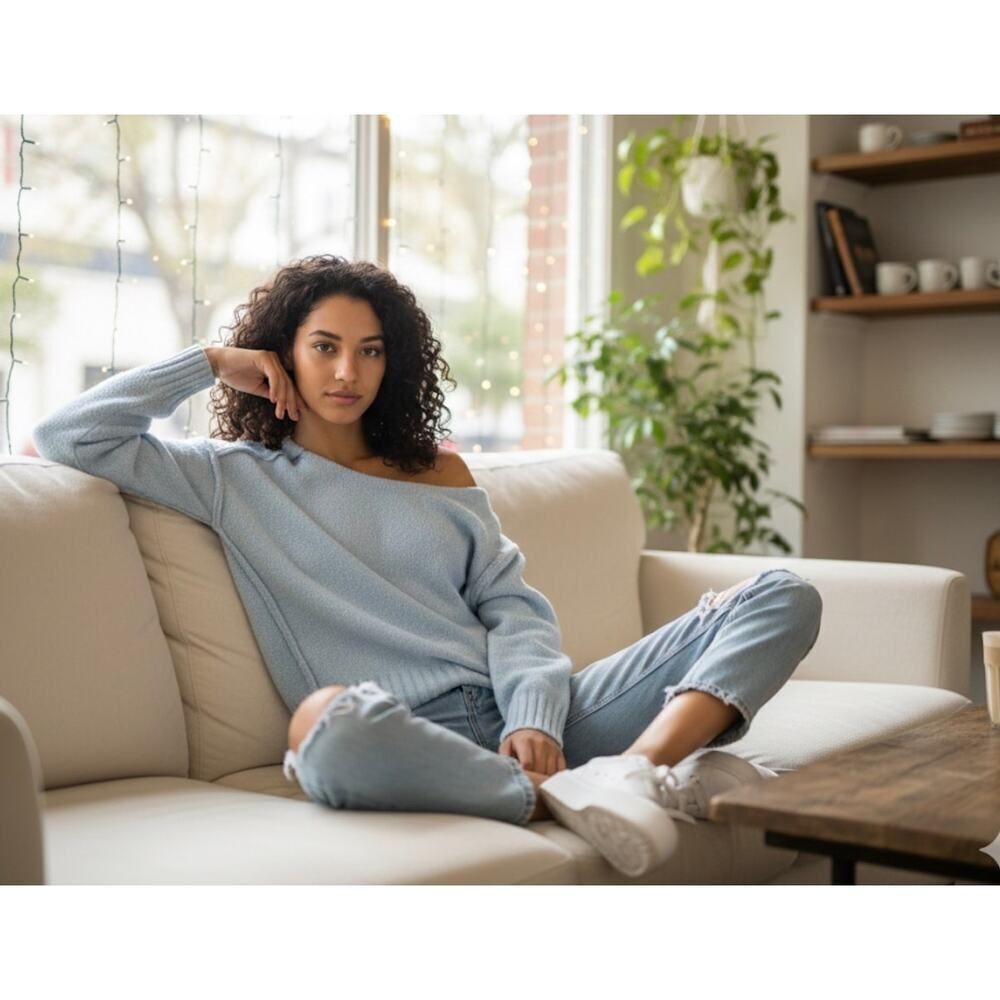 We the Free FP Oversized Slouchy Chunky Comfy Pullover Knit Baby Blue Sweater S